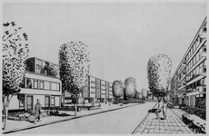 831362 Afbeelding van een perspectieftekening van een straat in de nieuwe wijk Kanaleneiland te Utrecht.